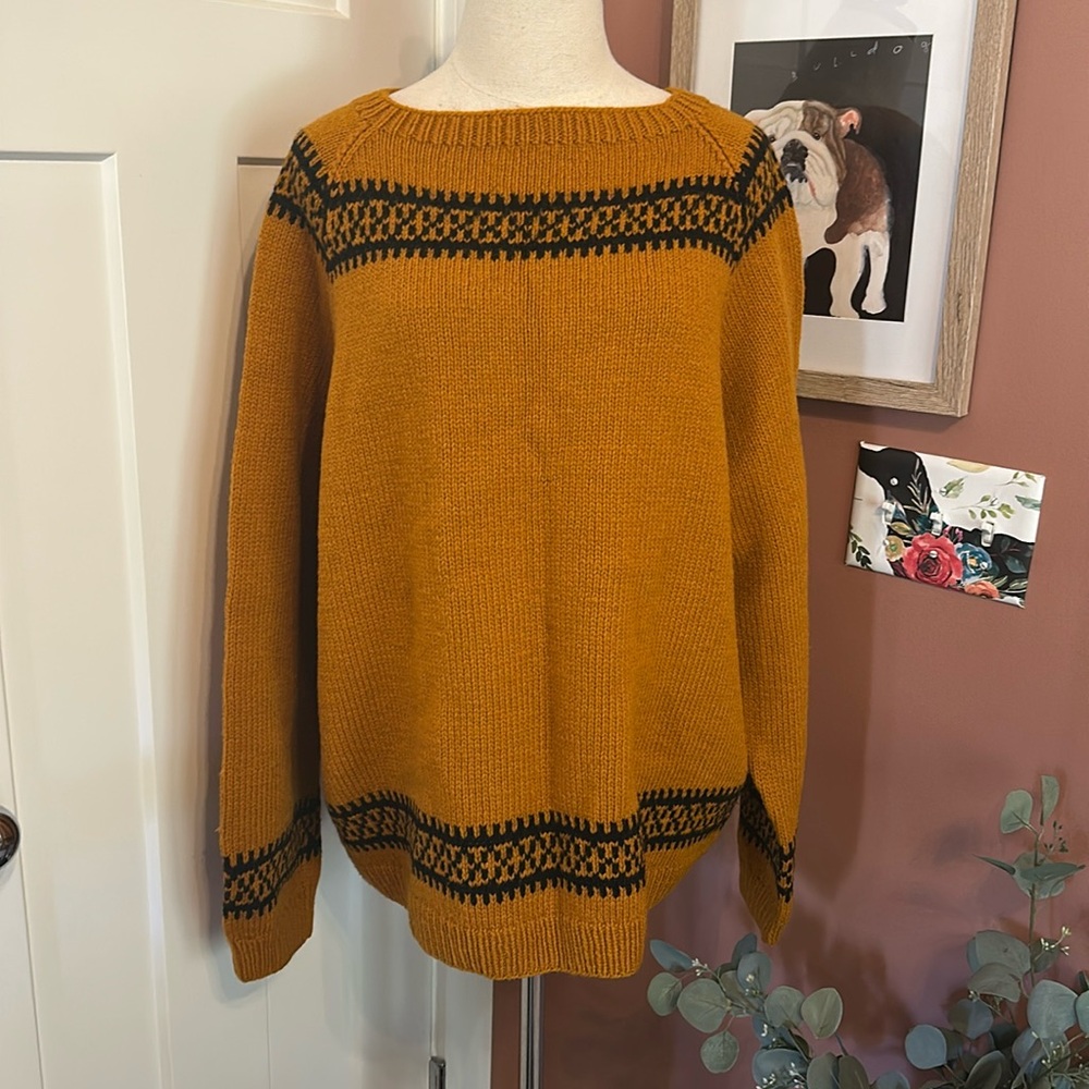 Vintage handmade wool blend burnt orange & black crewneck oversized L sweater